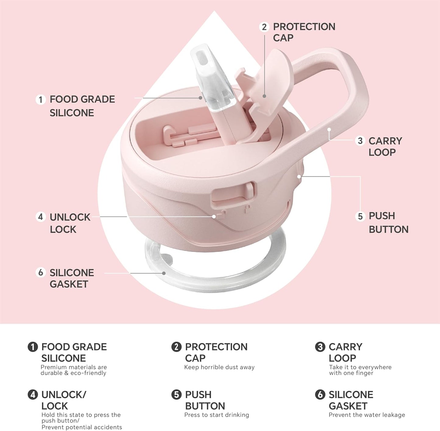 IDEUS Insulated Stainless Steel Water Bottle with 2 Leak-Proof Lids, Thermal Water Flask for Hiking Biking, 24oz, Light Pink