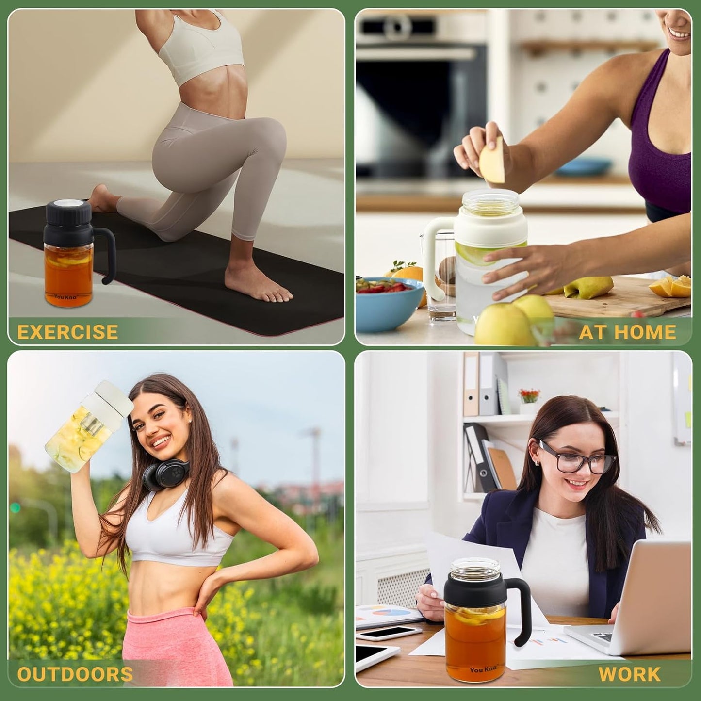 32oz Glass Water Bottle, Tea Bottle with Infuser & Handle, BPA-Free Leakproof Wide Mouth Large Tea Infuser Bottle for Hot or Cold Drinks, Loose Tea, Fruit (Black)