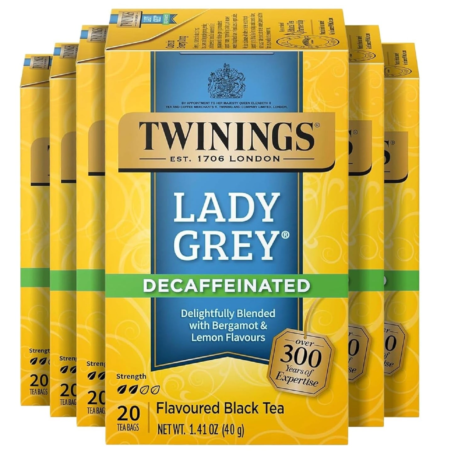 Twinings Decaffeinated Lady Grey Black Tea Individually Wrapped Bags, 20 Count (Pack of 6), Orange Peel & Lemon Peel, Enjoy Hot or Iced, 120 Teabags