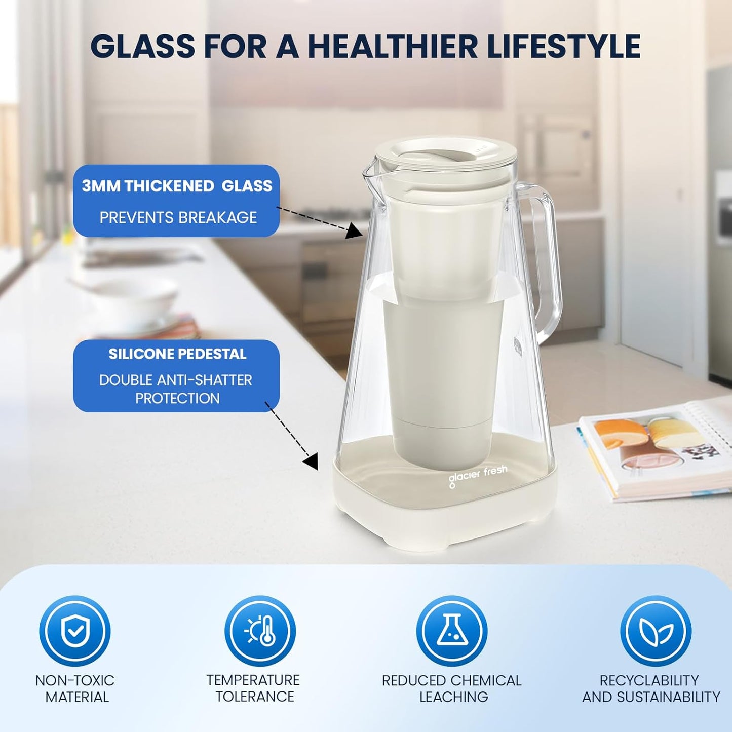 GLACIER FRESH Glass 10 Cup Water Pitcher with 1 Filter of 3X Flow Rate, 5-Stage Filtration Reduces 99% Chlorine and Improve Taste, Eco-Friendly, Bpa Free, White