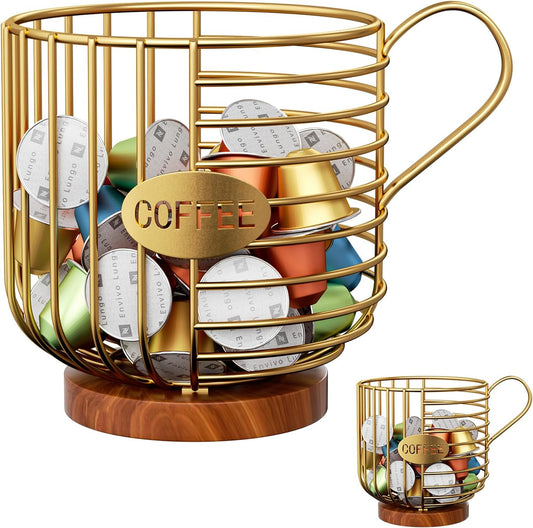 Coffee Pod Holder,Bar Accessories - Espresso Pod Holder - Large Capacity Black Wire Coffee Basket With Wooden Base