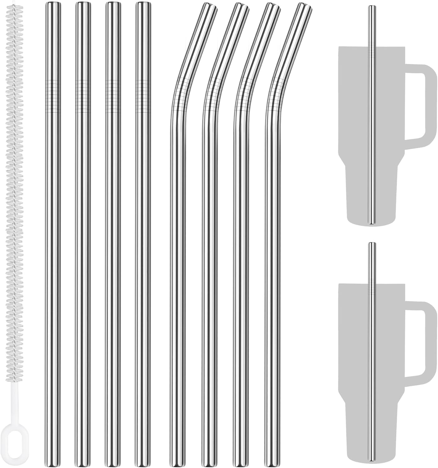 Tomorotec 8PCS 12" Stainless Steel Straws 4 Bent & 4 Straight for 40oz Stanley Tumblers, Reusable Food-Grade Drinking Straws with Cleaning Brush for Smoothies, Milkshakes, Iced Coffee, Dishwasher Safe