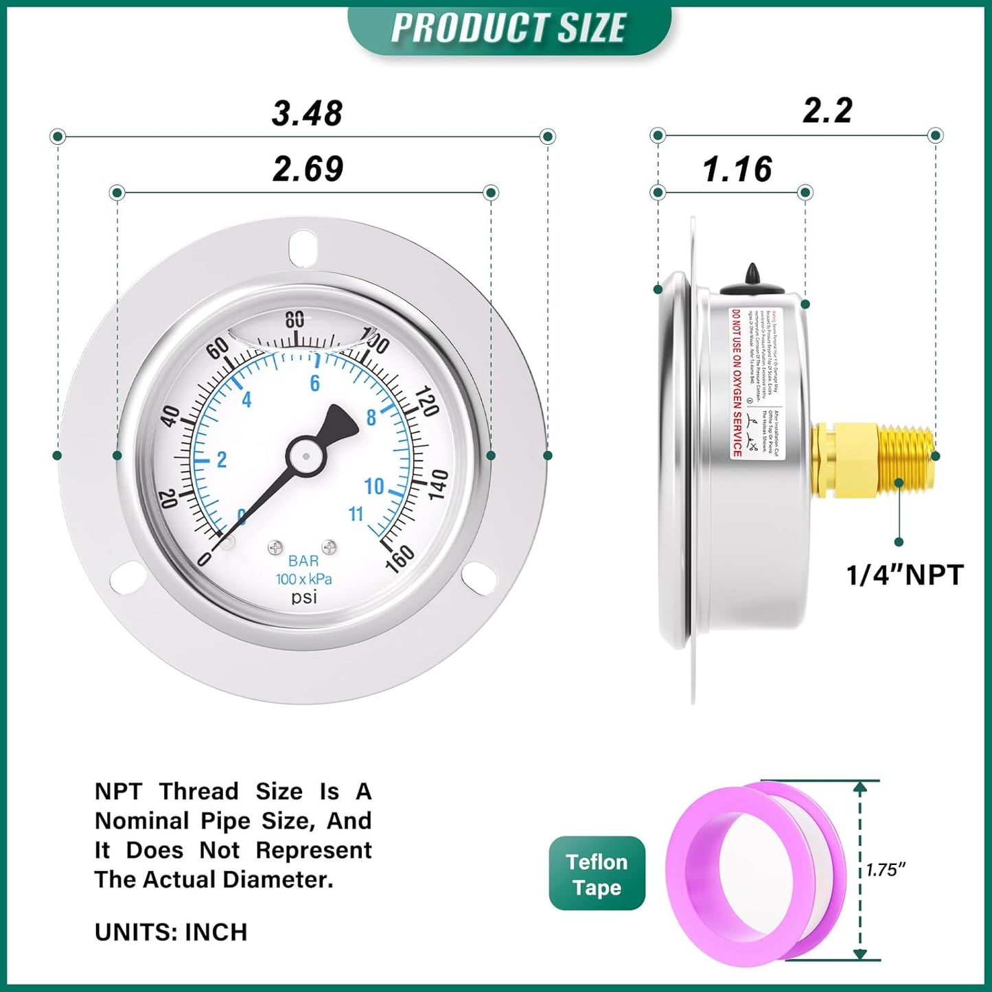 0-160PSI Panel Mount Front Flanged Glycerin Filled Pressure Gauge, 2.5" Dial Size, 1/4" MNPT Back Mount, Stainless Steel Case, with Phillips Screw and Nut, for Water, Gas, Liquid Pressure
