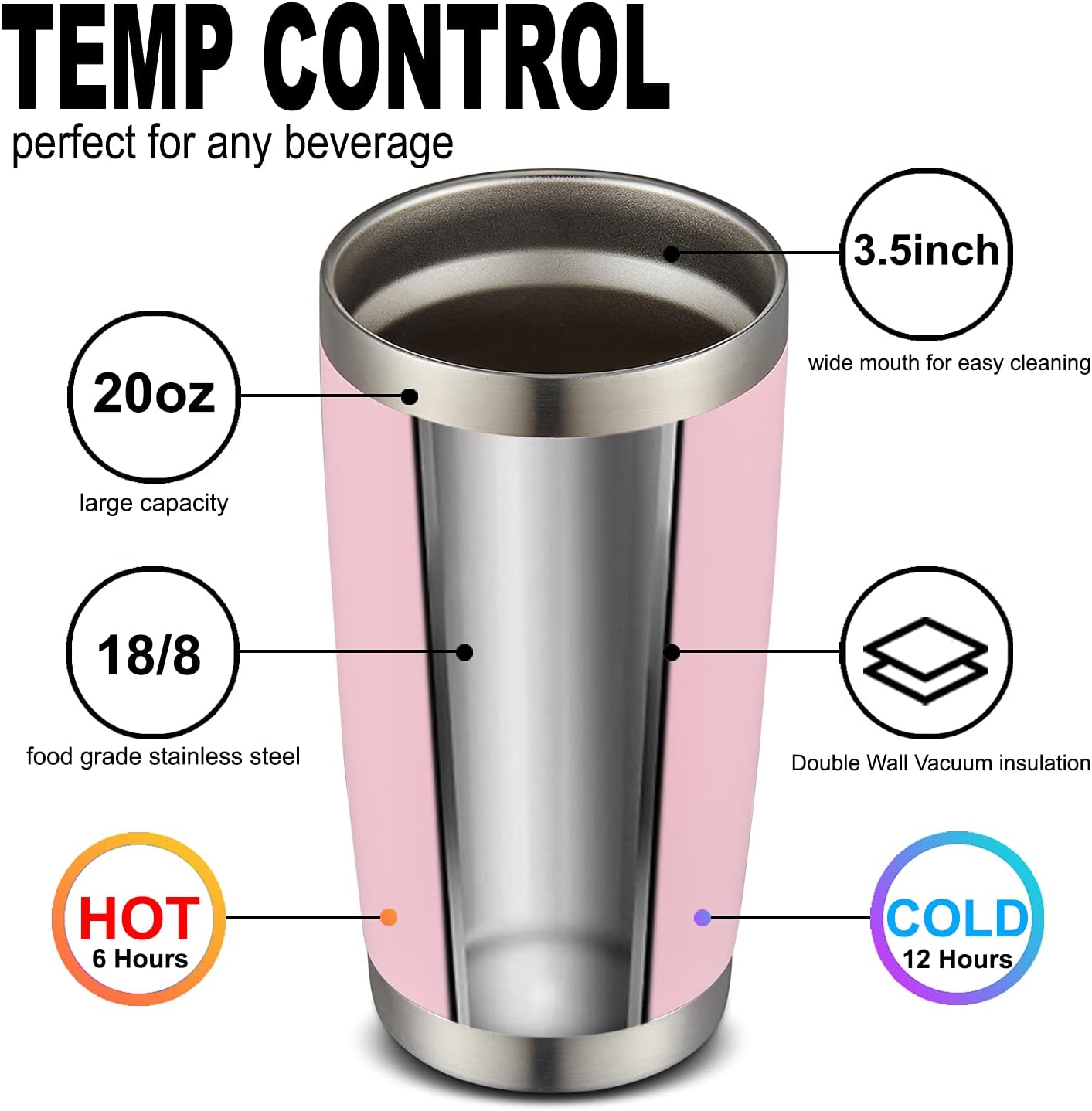 COMOOO 20oz Double Wall Vacuum Insulated Travel Mug Stainless Steel Tumbler with Lid and Straw Durable Powder Coated Insulated Coffee Cup for Cold & Hot Drinks (Pink, 12 pack