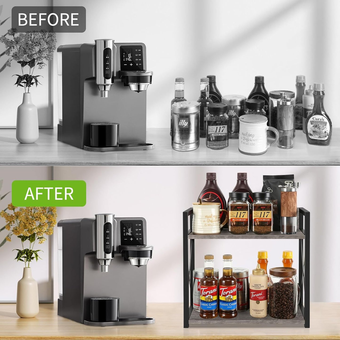 YINMIT Countertop Shelf Organizer,Coffee Bar Accessories,Spice Rack,Coffee Counter Shelf,2 Tier Coffee Organizer Station for Mugs,Cups,Cream,Syrup(Rustic Grey, Large)