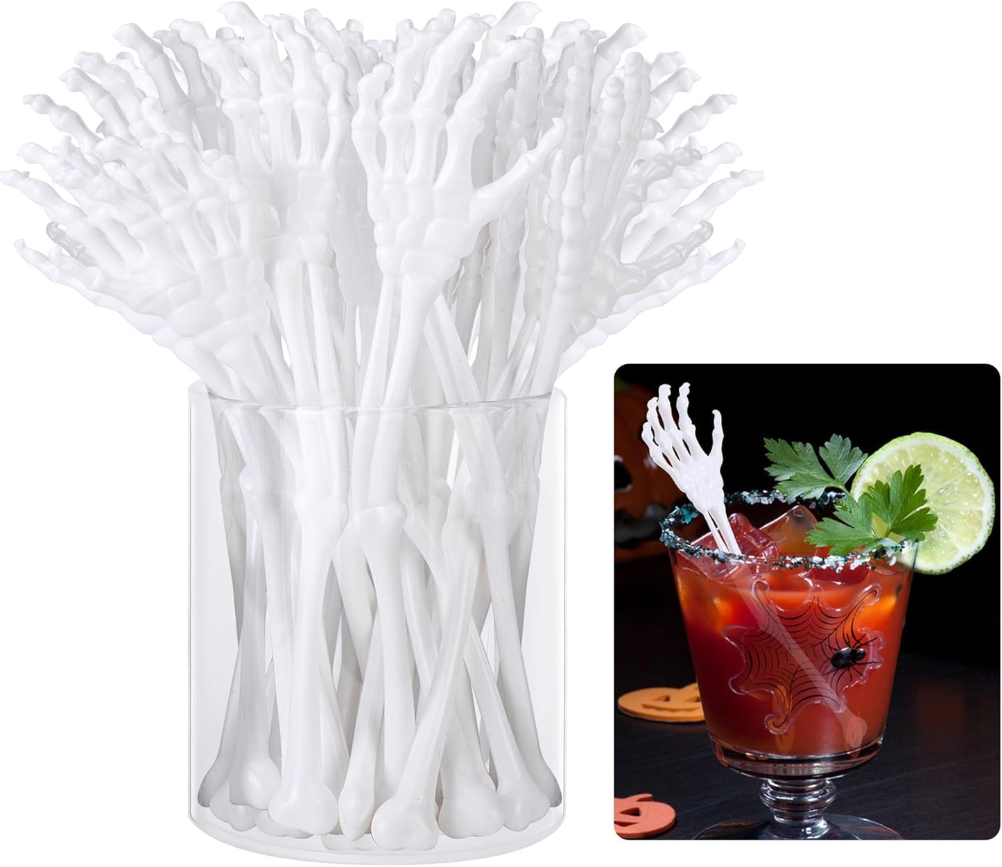 RunNico 50 Pcs 5.9''x1.5'' Halloween Skeleton Cocktail Stirrers, Reusable Skeleton Hand Swizzle Sticks, Halloween Plastic Drink Stirrer for Home Bar Horror Party Table Decorations Photo Props