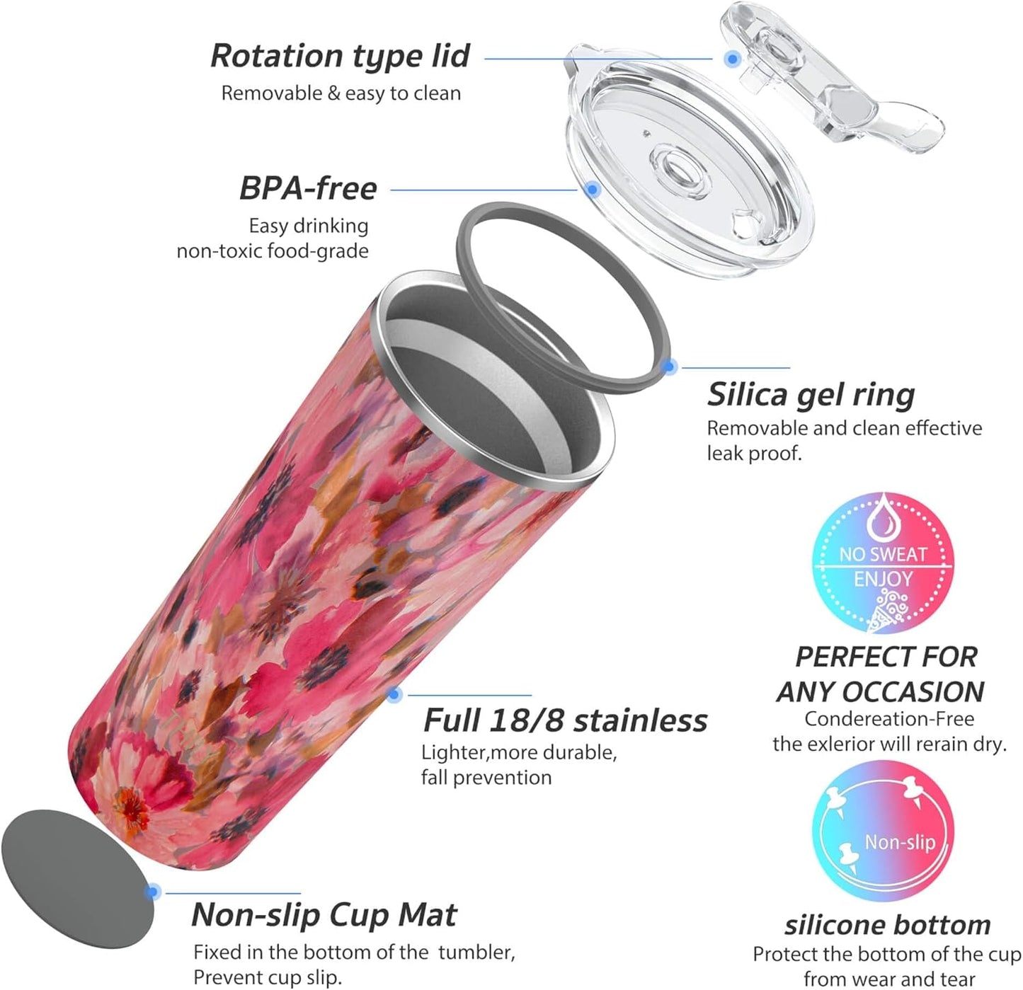 THILY Vacuum Insulated Stainless Steel Tumbler Travel Mug 26 oz Coffee Cup with 2 Lids and Straws, Splash Proof, Reusable, Keep Iced Drinks Cold, Watercolor Flower