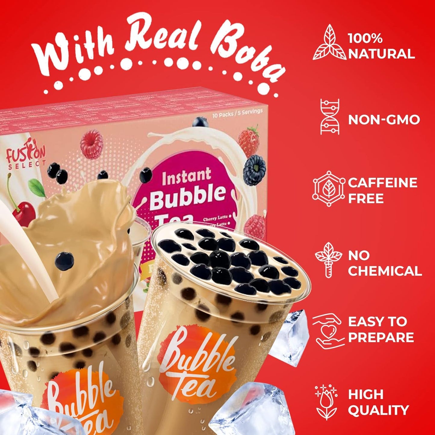 Fusion Select 5 Packs Bubble Tea Kit Extra Rich Blueberry, Raspberry Strawberry Blackberry Cherry Boba Tea Kit Drinks, Boba Tapioca Pearl, Straws, Various Tea Set Flavors