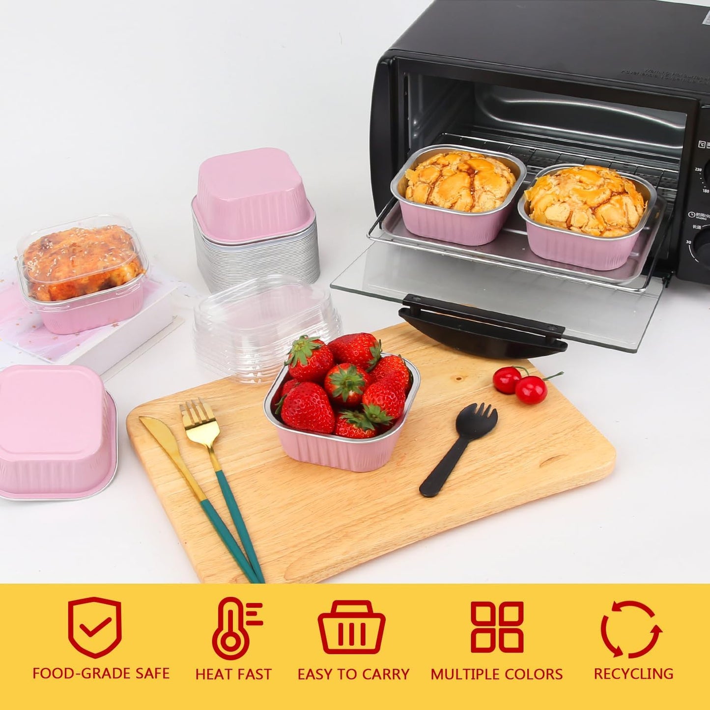 10oz/80pack Mini Cake Foil Pans with Lids,LNYZQUS 4”x4” Large Cupcake Pan Disposable Ramekins,Small Brownie Baking Cups Square Muffin Tin Cheesecake Containers Holders-Pink