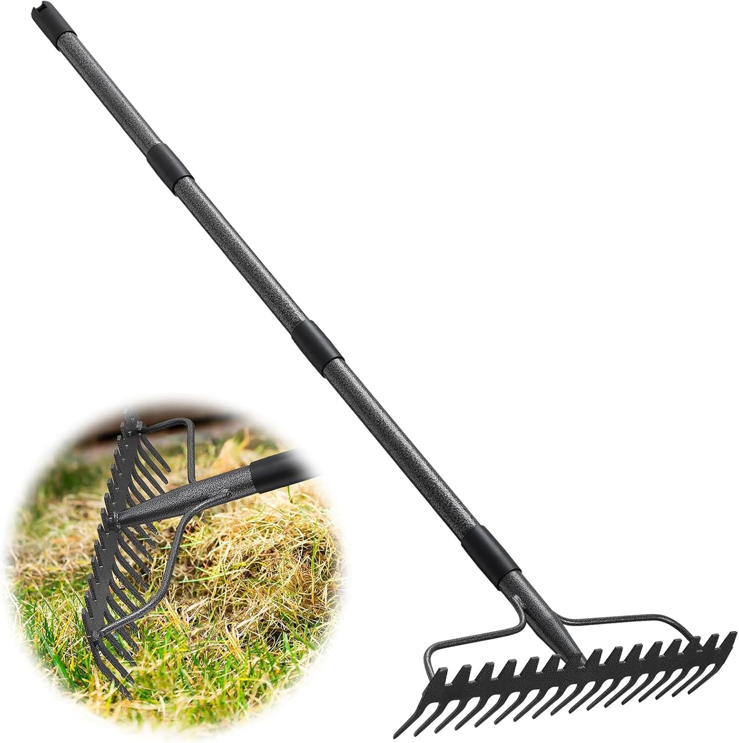 Garden Leaf Rake with 77 Inch Handle, Heavy Duty 17 Inch Wide Metal Garden Lawn Rake for Loosening Soil Raking Leaf Leveling Rocks Spreading Mulch Gravel, Rustproof Metal Bow Rakes Garden Tools