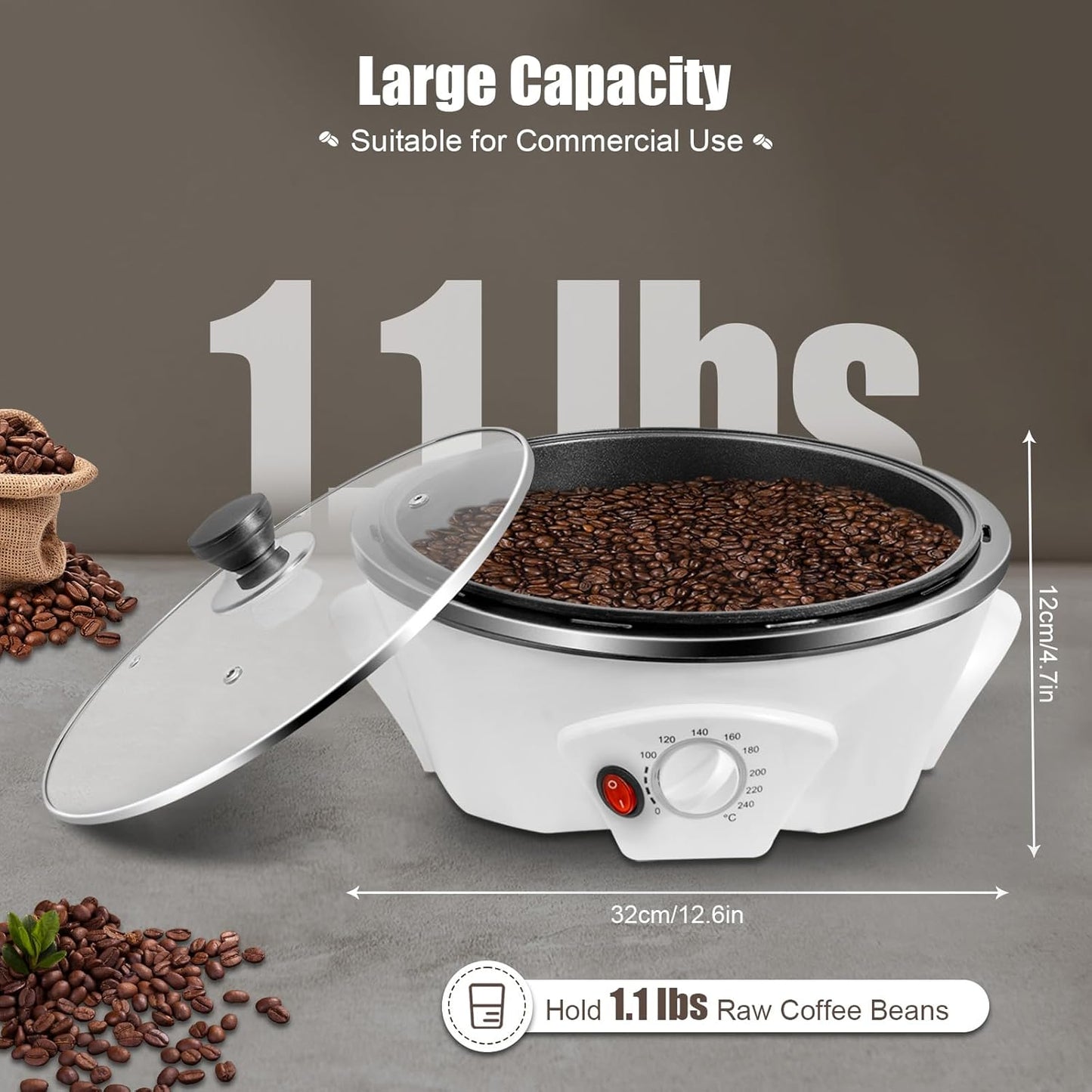 500g Coffee Roaster 800W Electric Coffee Bean Roaster with Non-stick Pan, 32℉-464℉ Temperature Adjustable Auto-matic Nuts Coffee Bean Roaster for Homes, Cafes, Hotels 110V