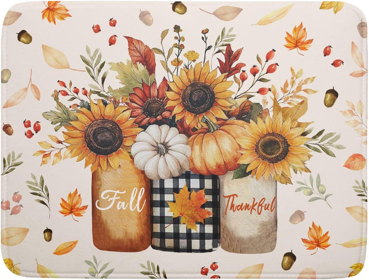 Autumn Sunflowers Vase Dish Drying Mat for Kitchen Counter,Fall Pumpkin Maple Leaves Drying Mat 18 x 24 Inch with High Absorbent Microfiber Dish Drying Drainer Mat for Coffee Bar