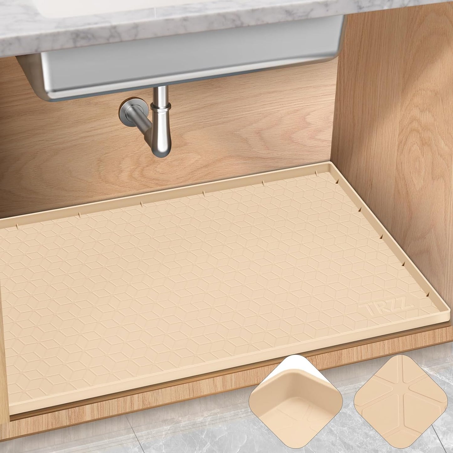 TRZZ Silicone Waterproof Under Sink Mat 22" x 19", Drip Tray and Cabinet Liner for Kitchen and Bathroom, Prevents Water Damage and Organizes Cabinets (Beige)