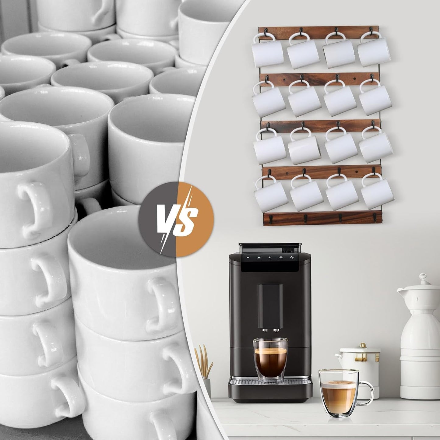 Wall Mounted Coffee Mug Holder, Large 5 Tier Shelf with 20 Hooks for Cups, Rustic Wooden Display Rack for Kitchens, Homes and Bars (Walnut)