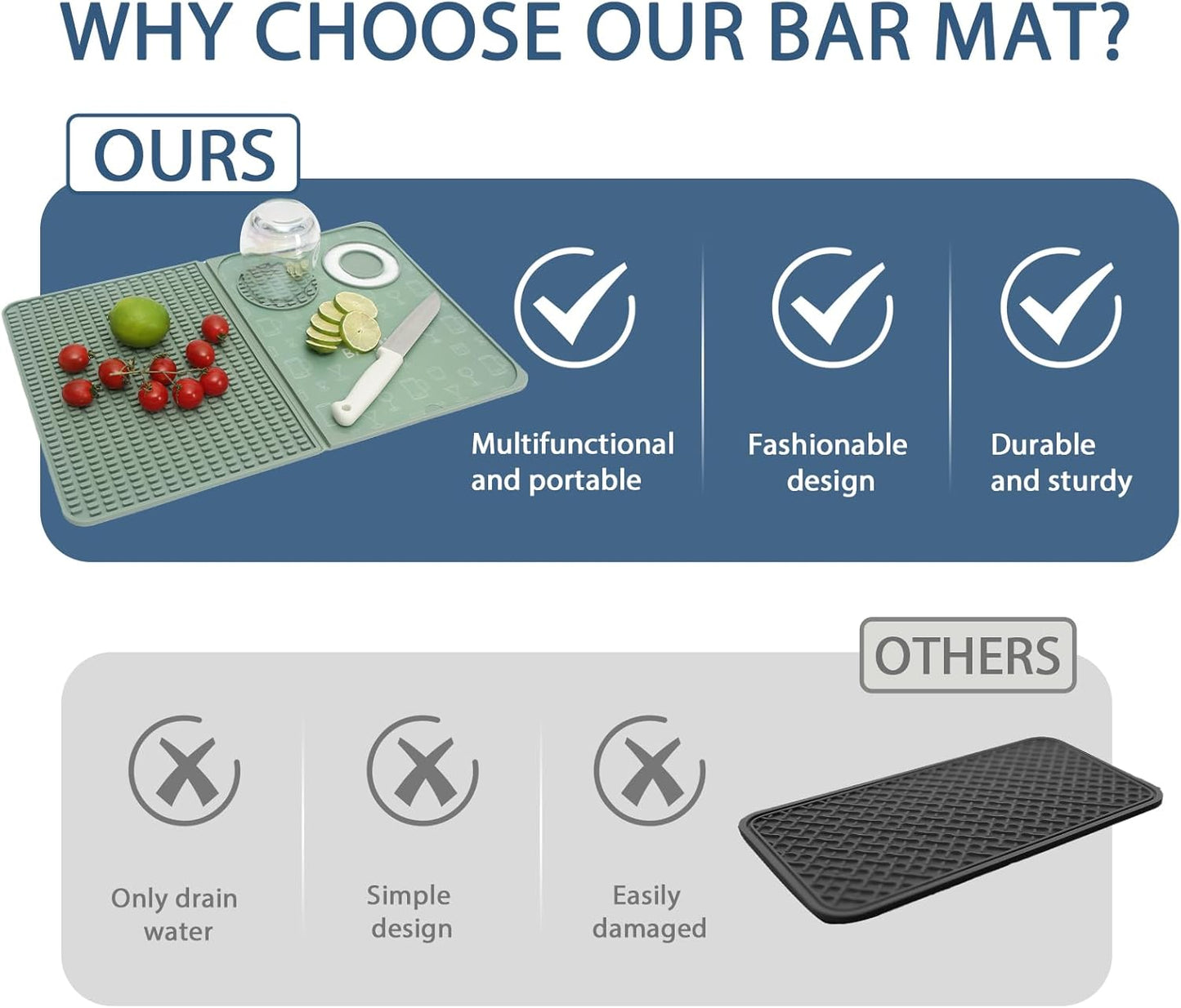 Foldable Bar Mat 18x12 inch - 3-in-1 Silicone Drying Mat with Removable Cutting Board & Rim Tray | Countertop Protector for Home, Outdoor, Travel | Professional Cocktail Accessories (green)