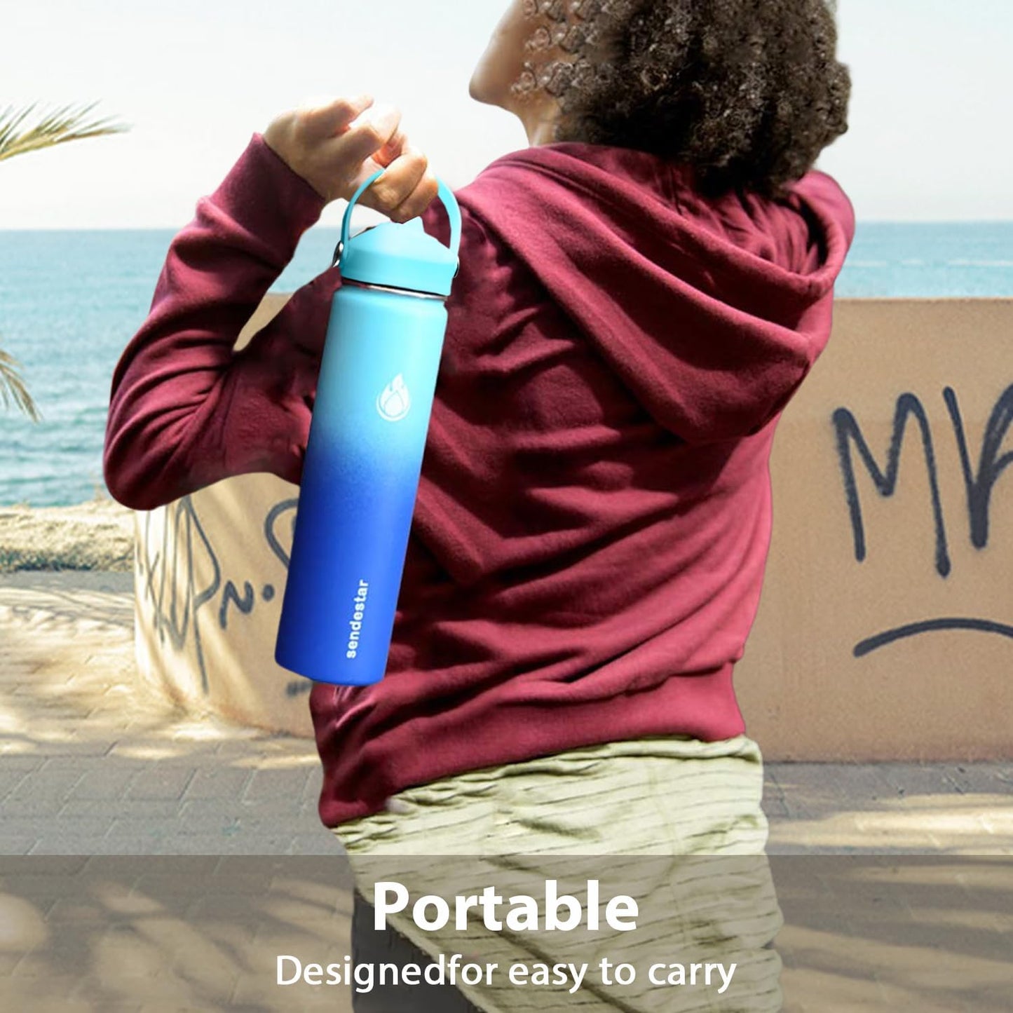 SENDESTAR Stainless Steel Wide Mouth Water Bottle 24oz Double Wall Vacuum Insulated Leak Proof Bottle with New Flex Straw Lid & Spout Lid XIN-MC-0750-1