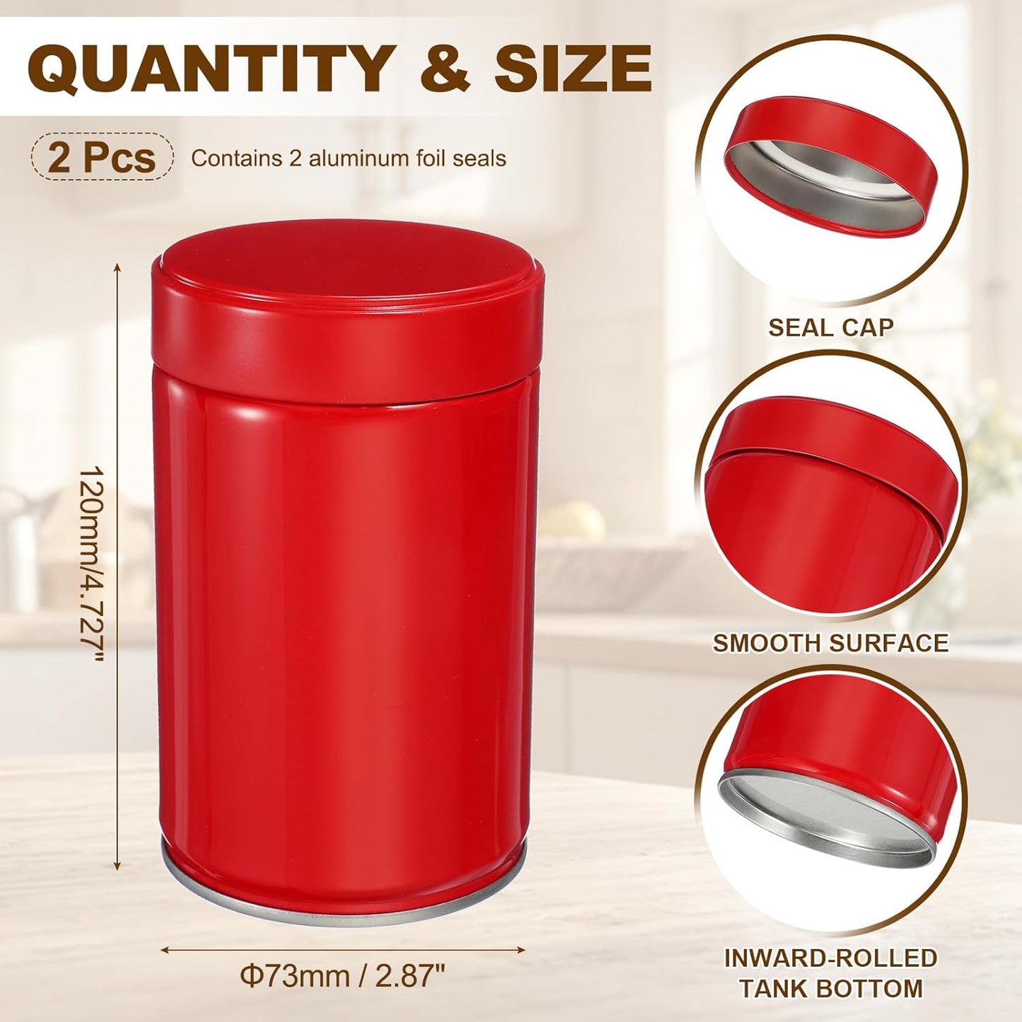 uxcell 2Pcs Round Tea Canisters, 5" x 3" Airtight Metal Tea Containers for Loose Tea, Coffee Beans, Spices - Durable, Compact, and Stylish Storage Tea Tin (Red)