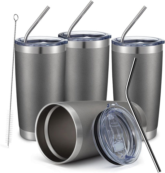 COMOOO 20oz 4Pack Double Wall Vacuum Insulated Travel Mug, Stainless Steel Tumbler with Lid, Durable Powder Coated Insulated Coffee Cup for Cold & Hot Drinks (Grey, 4 Pack)