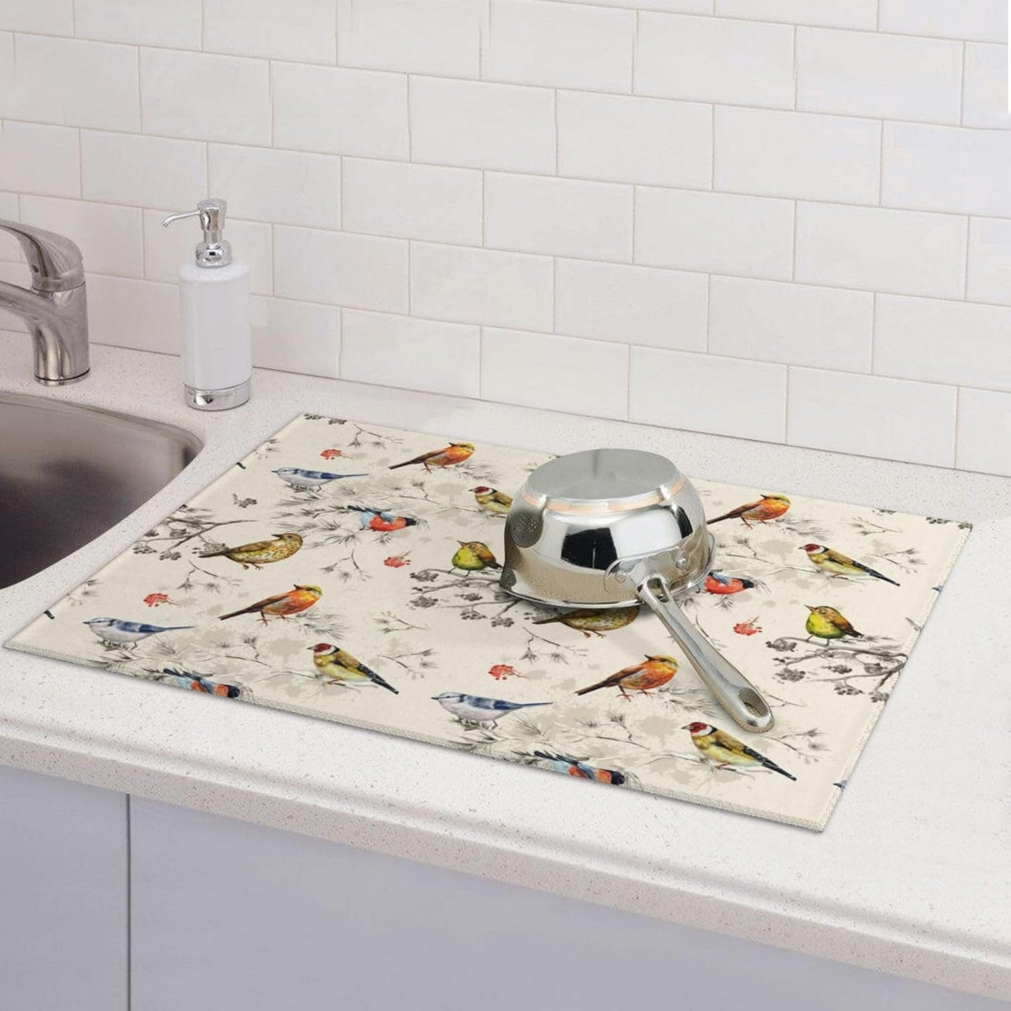 Spring Birds Dish Drying Mat Chinoiserie Watercolor Floral Branch Colorful Bird Microfiber Absorbent Drying Mats Reversible Kitchen Countertop Protector Dishes Drainer Rack Pad 18x24 Inch