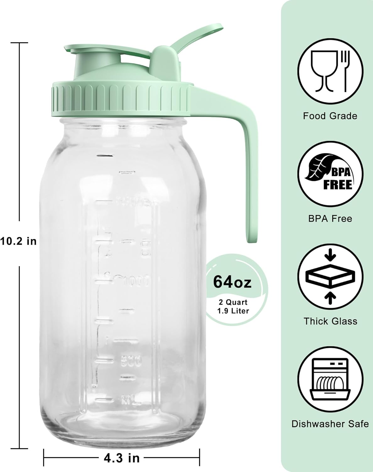 64oz Glass Mason Jar Pitcher with Lid and Spout, 2 Quart Airtight Glass Water Jug, Leakproof Wide Mouth Mason Jar Pitcher for Iced Sun Tea, Milk Storage, Cold Brew Coffee, Juice, Green