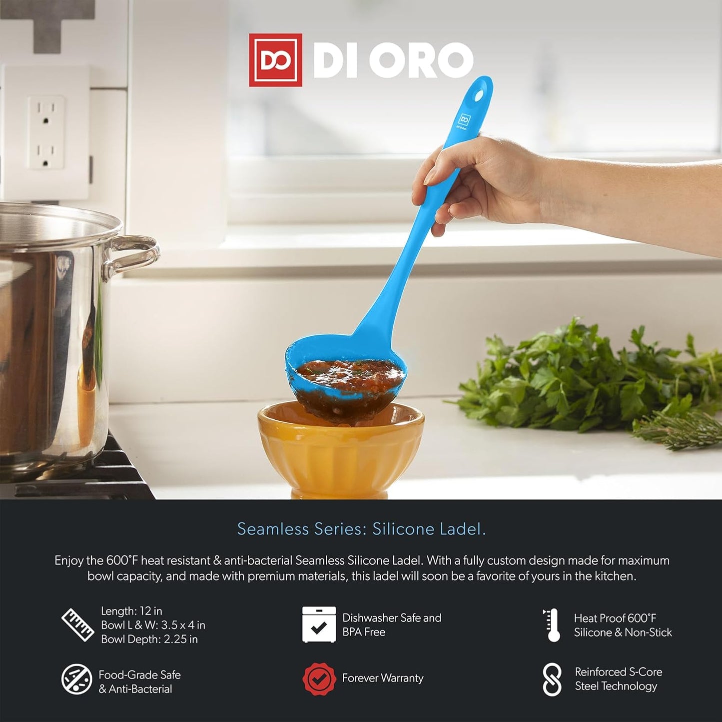 DI ORO Silicone Ladle – Soup Ladle for Cooking & Serving Heat-Resistant - Large Kitchen Soup Ladle Nonstick Cookware Safe - Soup Serving Spoon with Wide Bowl - Silicone Utensil Dishwasher Safe (Blue)