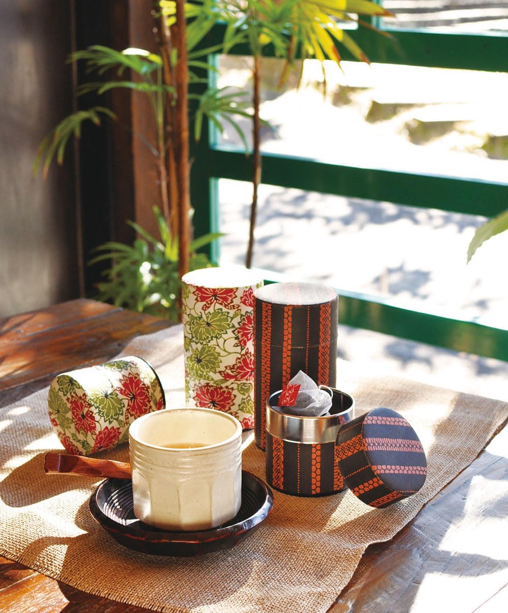 Japanese Pokkan Coffee Spice Tea Tin Canister Washi Paper Storage with Lid 7.05 oz Capacity (Hana Yukiwa)