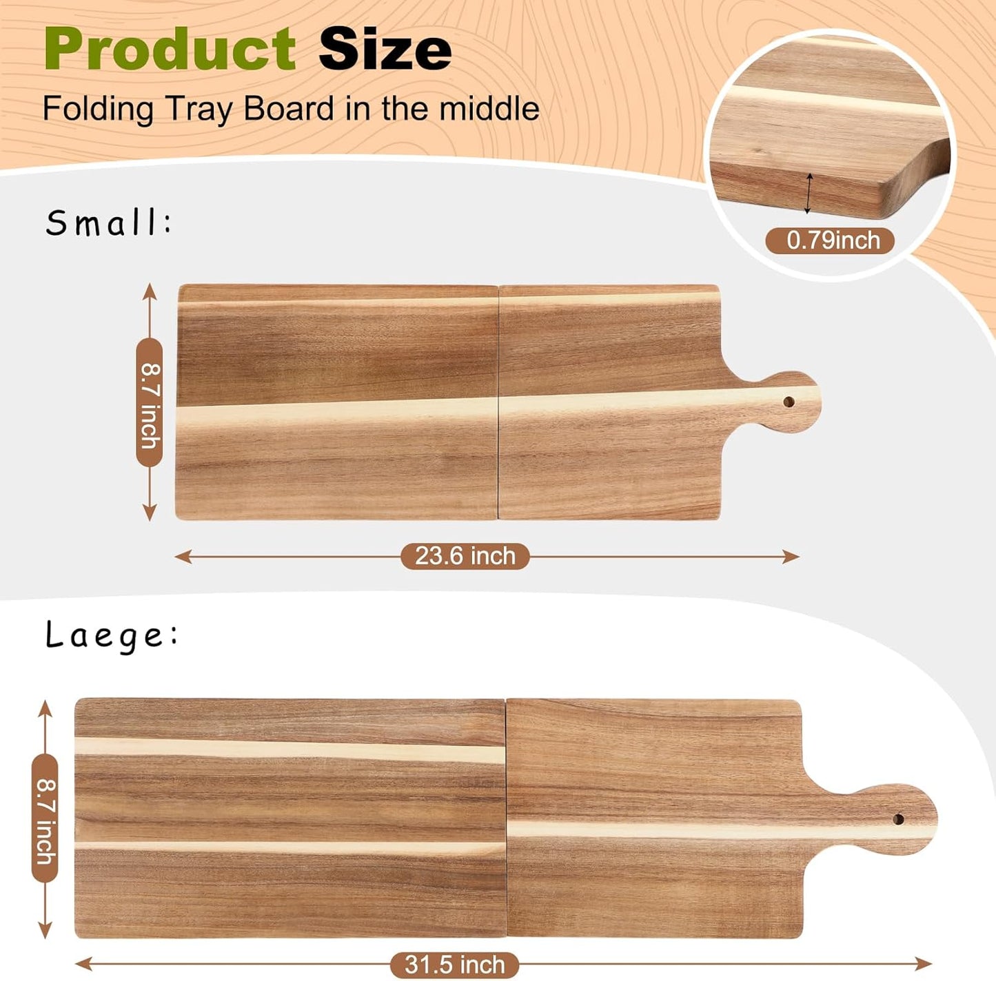 Large Acacia Charcuterie Board Wood Charcuterie Boards with Handles Foldable Travel Wooden Serving Cheese Boards for Party Food Appetizers Housewarming Gift Meat Party (23.6 x 8.7inch)