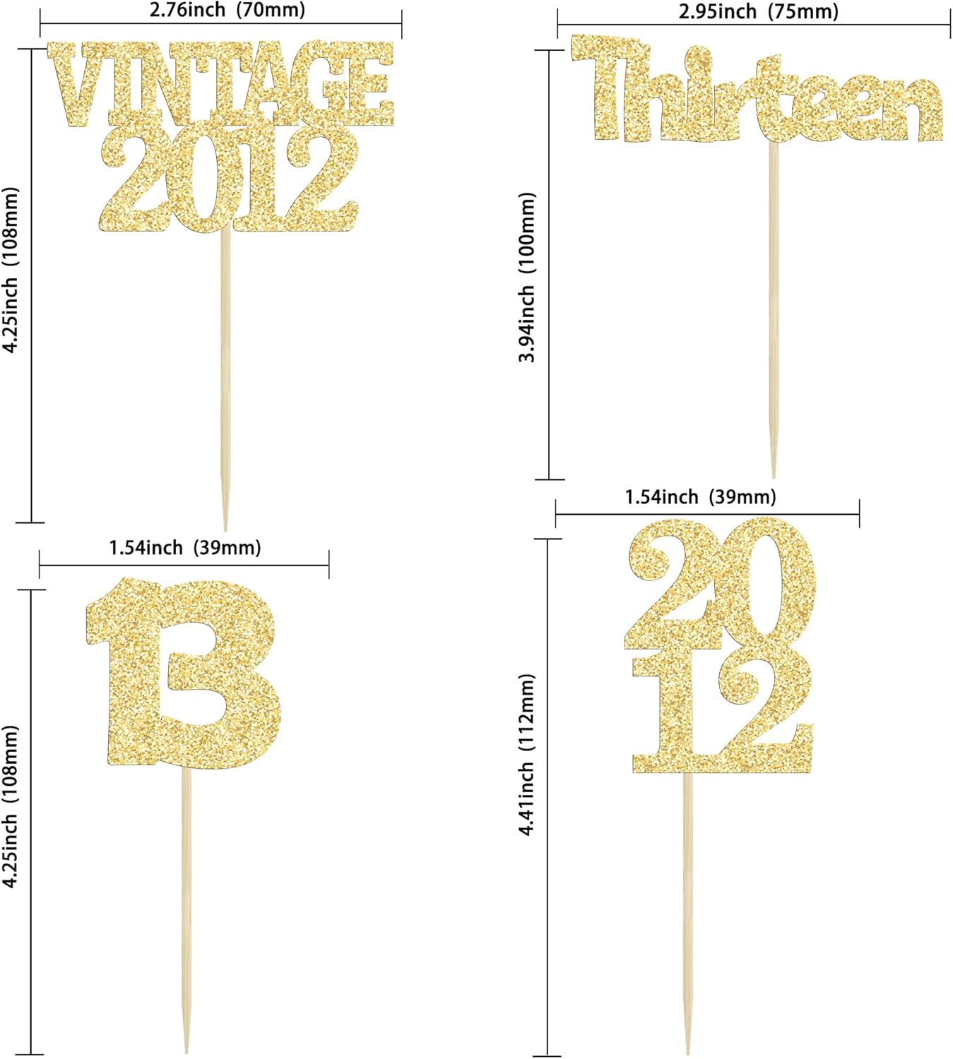 Gyufise 24Pcs Official Teenager 13 Cupcake Toppers Glitter Thirteen Vintage 2012 13th Birthday Cupcake Picks Hello 13 Years Birthday Cake Decor for Happy 13th Anniversary Party Supplies Gold