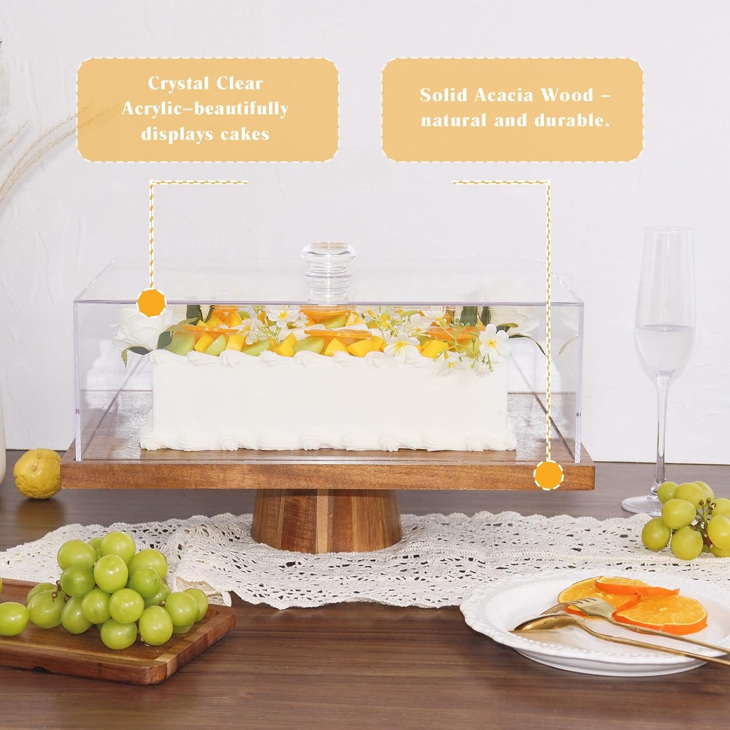 Acacia Wood Cake Stand with Lid - 15" Rectangular 2-in-1 Serving Board & Dessert Display, Shatterproof Acrylic Cake Dome Cover(5.1" high), Charcuterie Platter for Cheese, Fruit, Appetizers (15 inch)