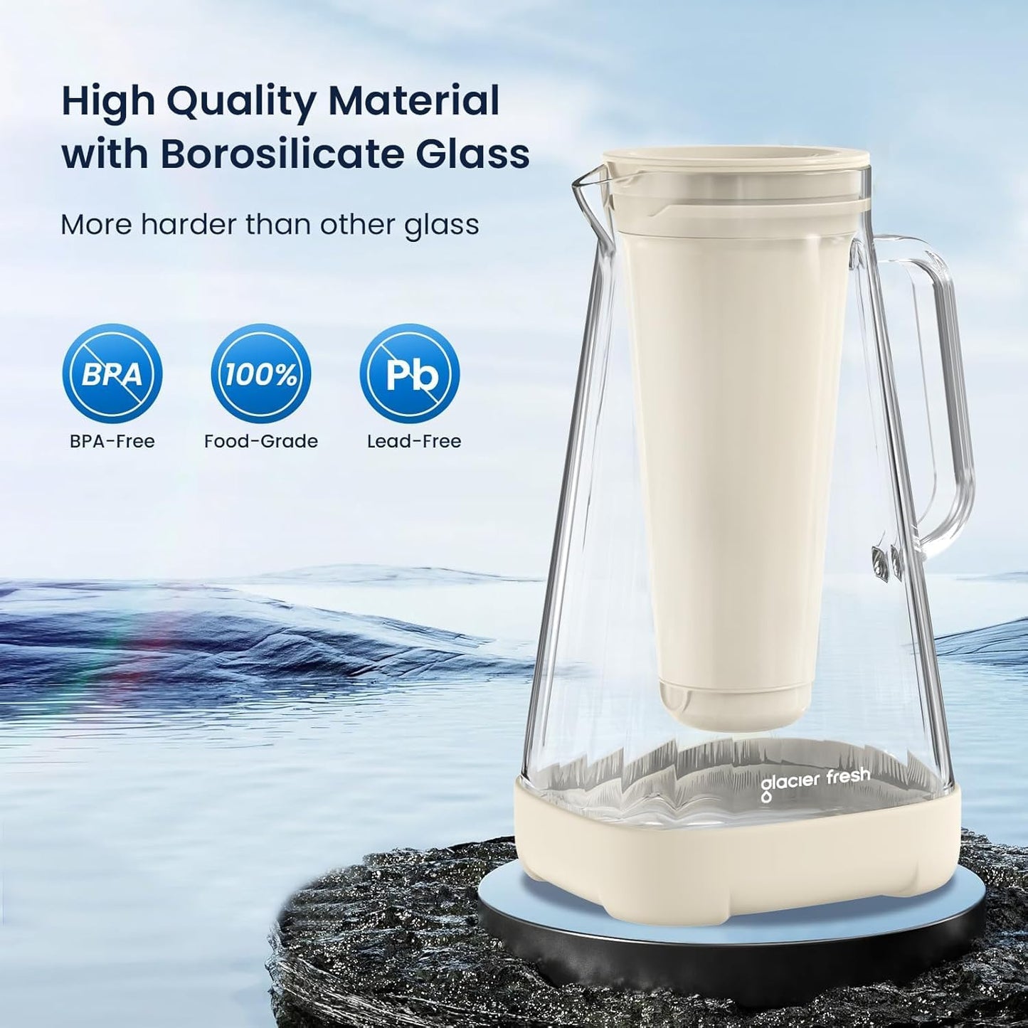 GLACIER FRESH 10 Cup Purela Glass Water Pitcher with 1 Ultrafiltration Membrane and Activated Carbon Filter, Reduces 99% Chlorine, PFOA&PFOS, Coliforms, White