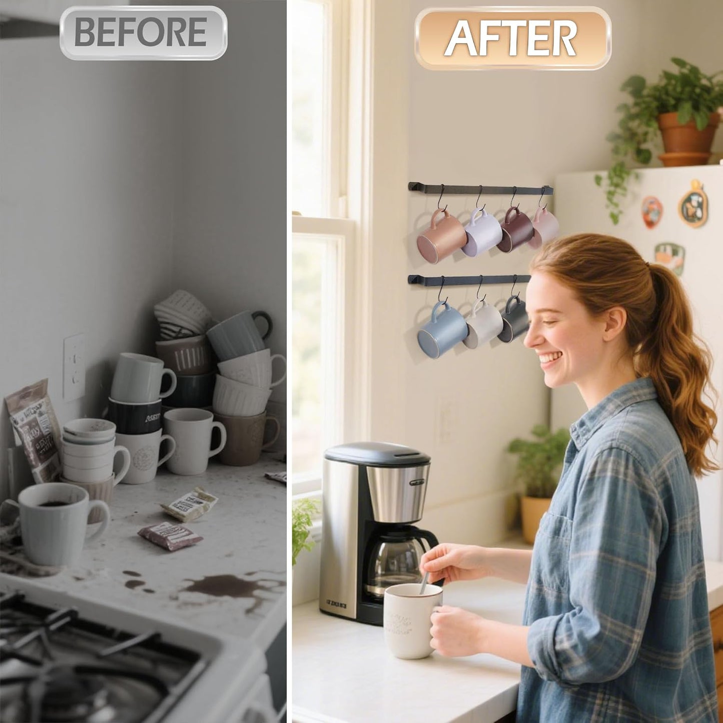 AJART Coffee Mug Rack Wall-Mounted: 12-Hook Cup Holder - Ideal for Coffee Bars & Apartment Kitchens - Space-Saving Solution - 1 Pack