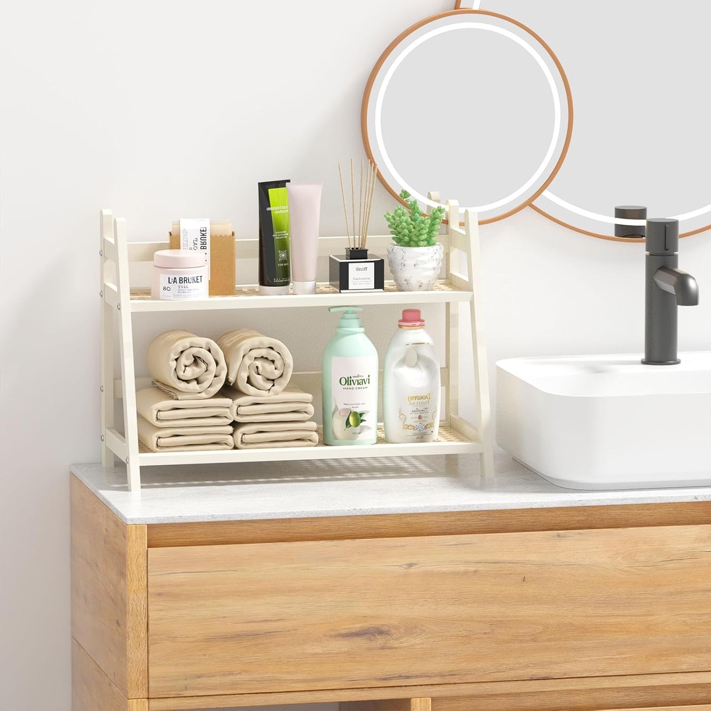 Wicker-Look Coffee Station Organizer, Bamboo Mug Holder Countertop, Kitchen Counter Shelf for Tea Coffee Bar Accessories, Matcha Stand, Cup Display, Condiment Storage Rack, 2 Tier, White