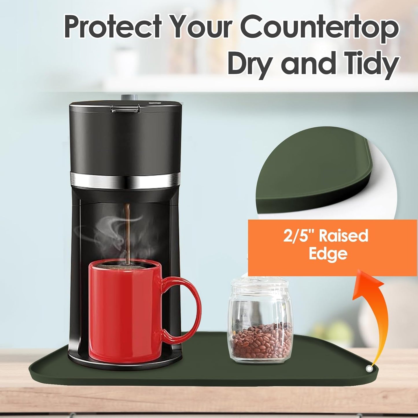 Silicone Coffee Maker Mat with Lip, 24'' x 16'' Heavy Duty Coffee Maker Mat for Countertops, Coffee Tray Fit Under Coffee Machine Appliance Automatic Machines Espresso Accessory, Dark Olive