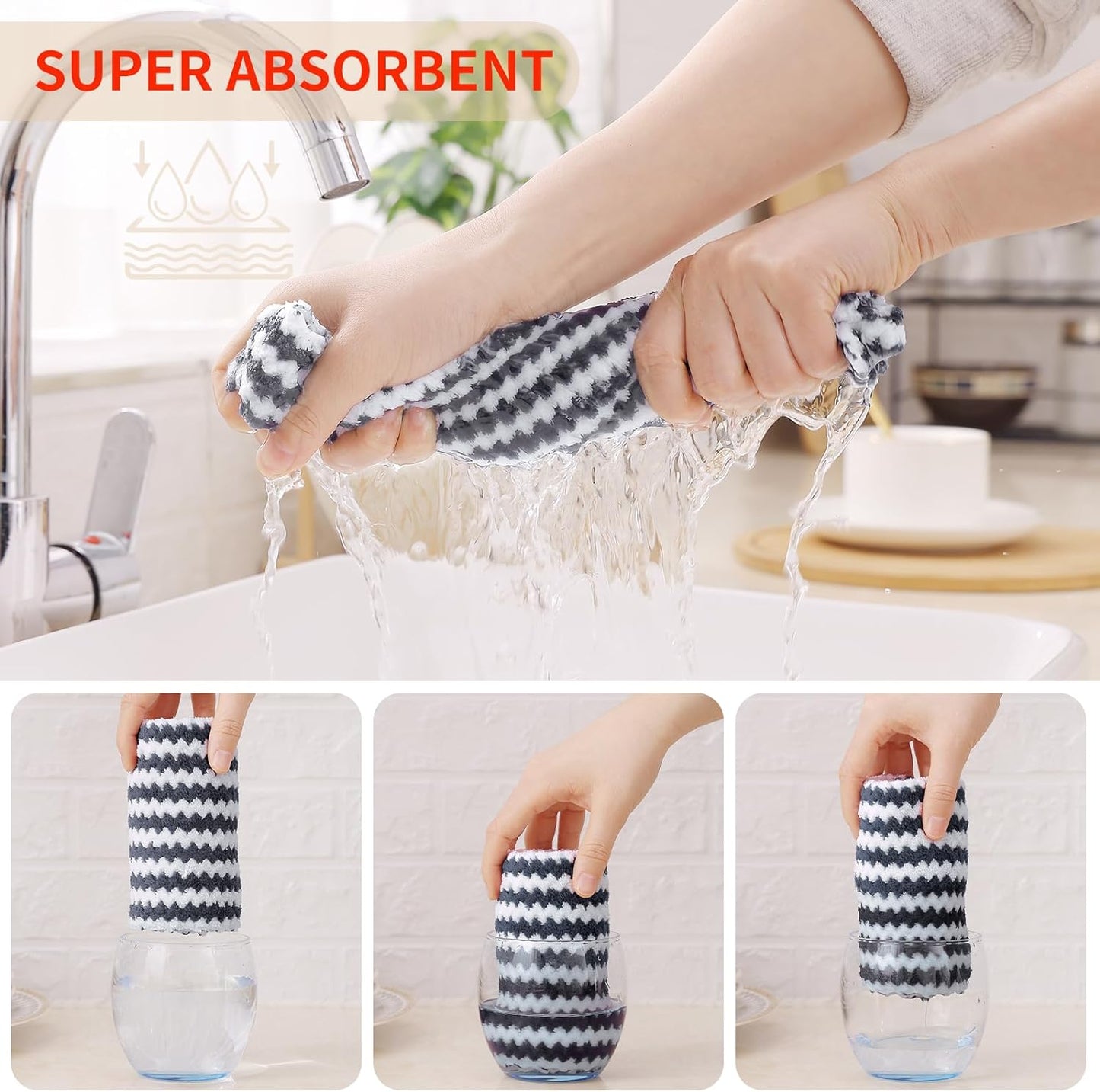 Homaxy 12 Pack Kitchen Dish Cloths, Ultra Soft and Absorbent Dish Towels, Reusable Fast Drying Microfiber Cleaning Cloth, Coral Velvet Wave Design No-lint, 10 x 10 inches, Dark Grey