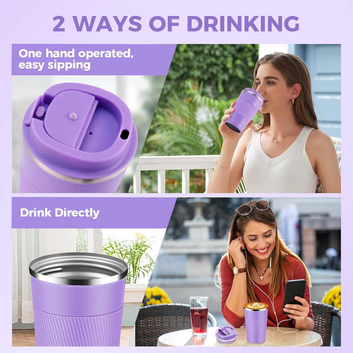 Volhoply 13 oz Stainless Steel Insulated Travel Coffee Mug with Fip Lid Bulk 8 Pack,Reusable Double Wall Vacuum Metal Coffee Cup,Portable Leak Proof Thermal Tumbler for Hot & Cold Drinks(Purple,8)