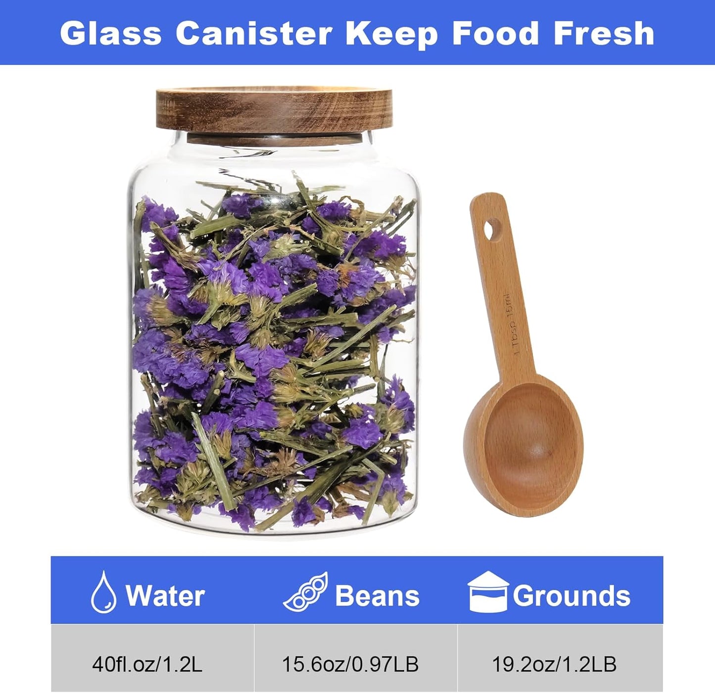 Vacuum Coffee Canister Glass Food Storage Jars With Airtight Lids Borosilicate Glass Coffee Canister Container for Coffee Beans & Grounds Tea Sugar Spices Kitchen (1200ml/40oz -1 pack-with spoon)