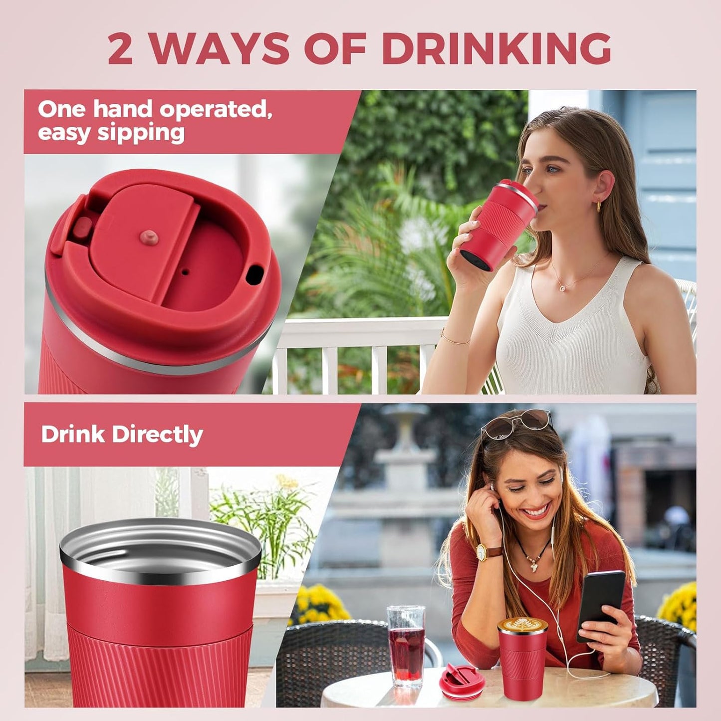 Volhoply 13 oz Stainless Steel Insulated Travel Coffee Mug with Fip Lid Bulk 8 Pack,Reusable Double Wall Vacuum Metal Coffee Cup,Portable Leak Proof Thermal Tumbler for Hot & Cold Drinks(Red,8)