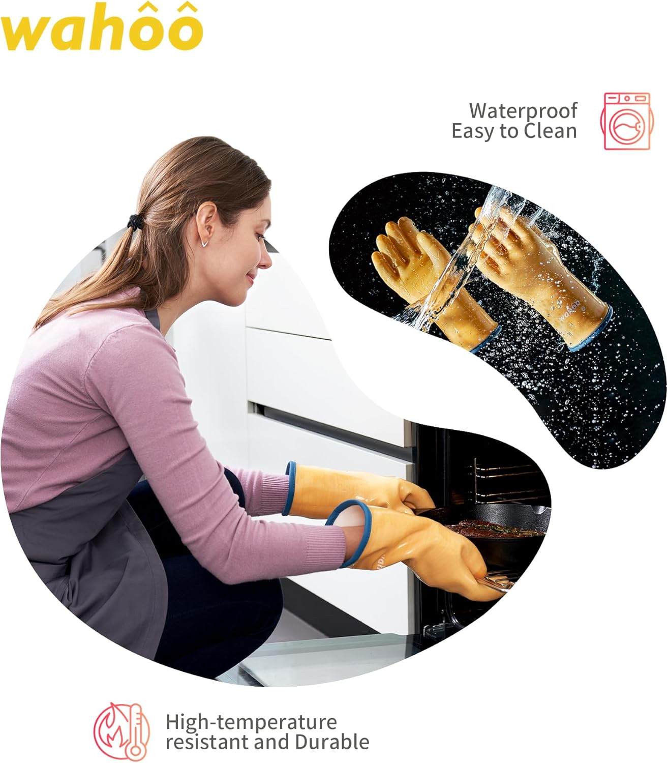 wahoo Professional Liquid Silicone Oven Mitts Gloves, Heat Resistant Gloves for Cooking, Baking, CoralAir Liner, 12 Inch, Yellow, X-Large