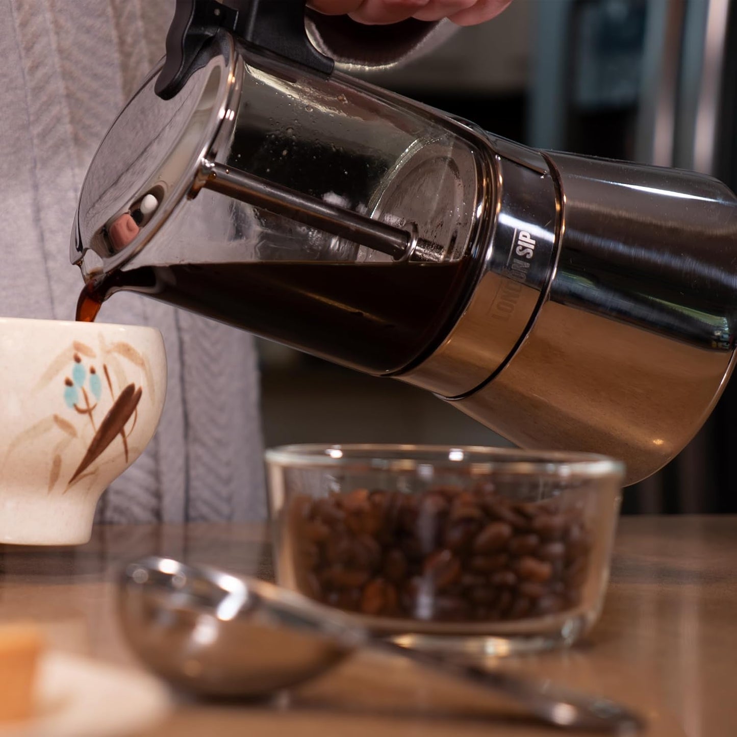 London Sip Glass and Stainless Steel Stovetop Espresso Maker Moka Pot Italian Coffee Percolator, Glass, Medium (10.14 oz)