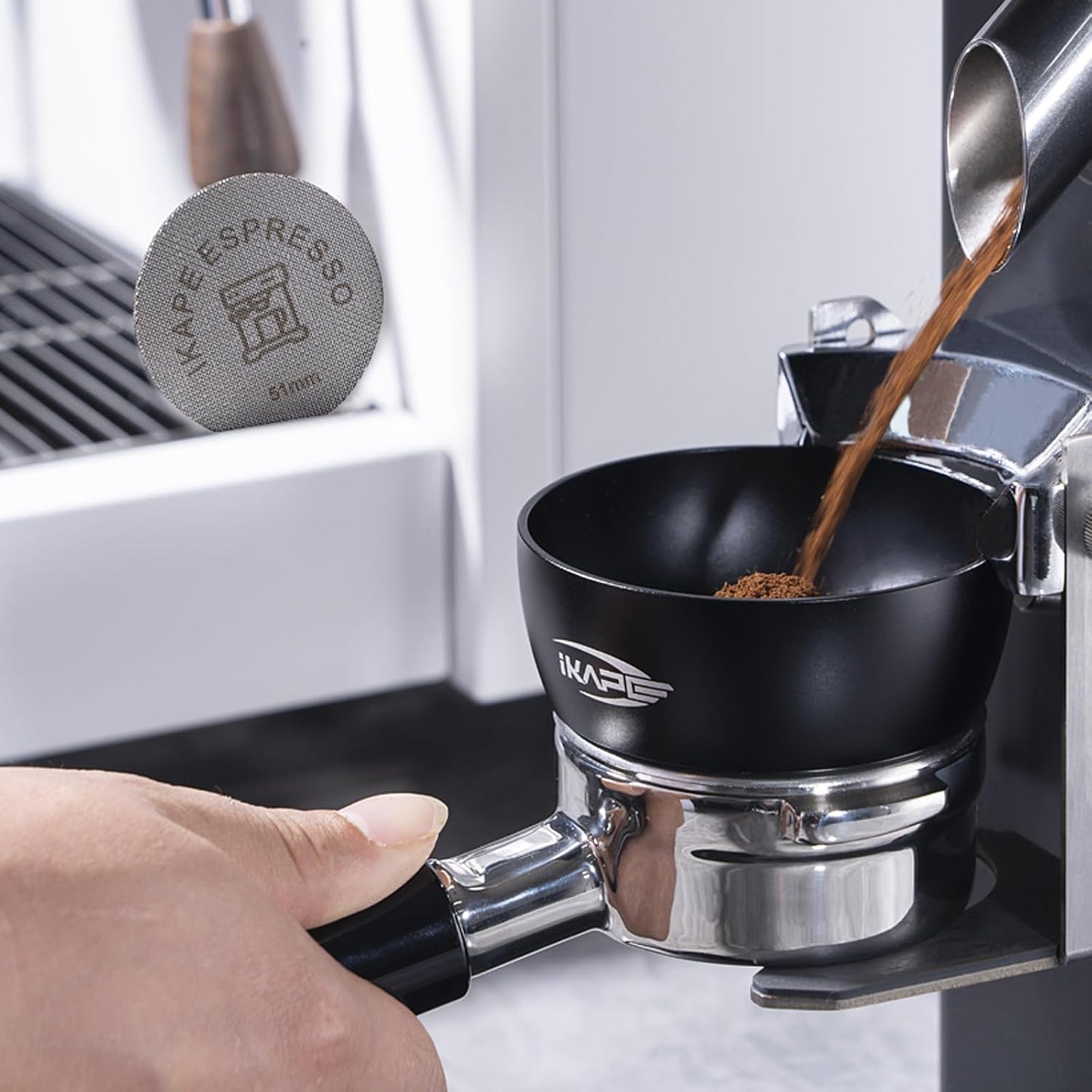 IKAPE Magnetic Dosing Funnel Set, 51MM Espresso Dosing Ring & Puck Screen Kit Compatible with Delonghi 51MM Bottomless Portafilter - with 8 Small Magnet (Black)