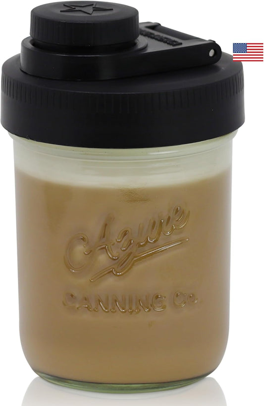 Brewing America Creamer Jar with Pouring Lid, 1 Pint (16 oz) Mason Jar with Black Wide Mouth Pour Lid, for Milk, Sugar, and Cream, 1-Pack (Black)