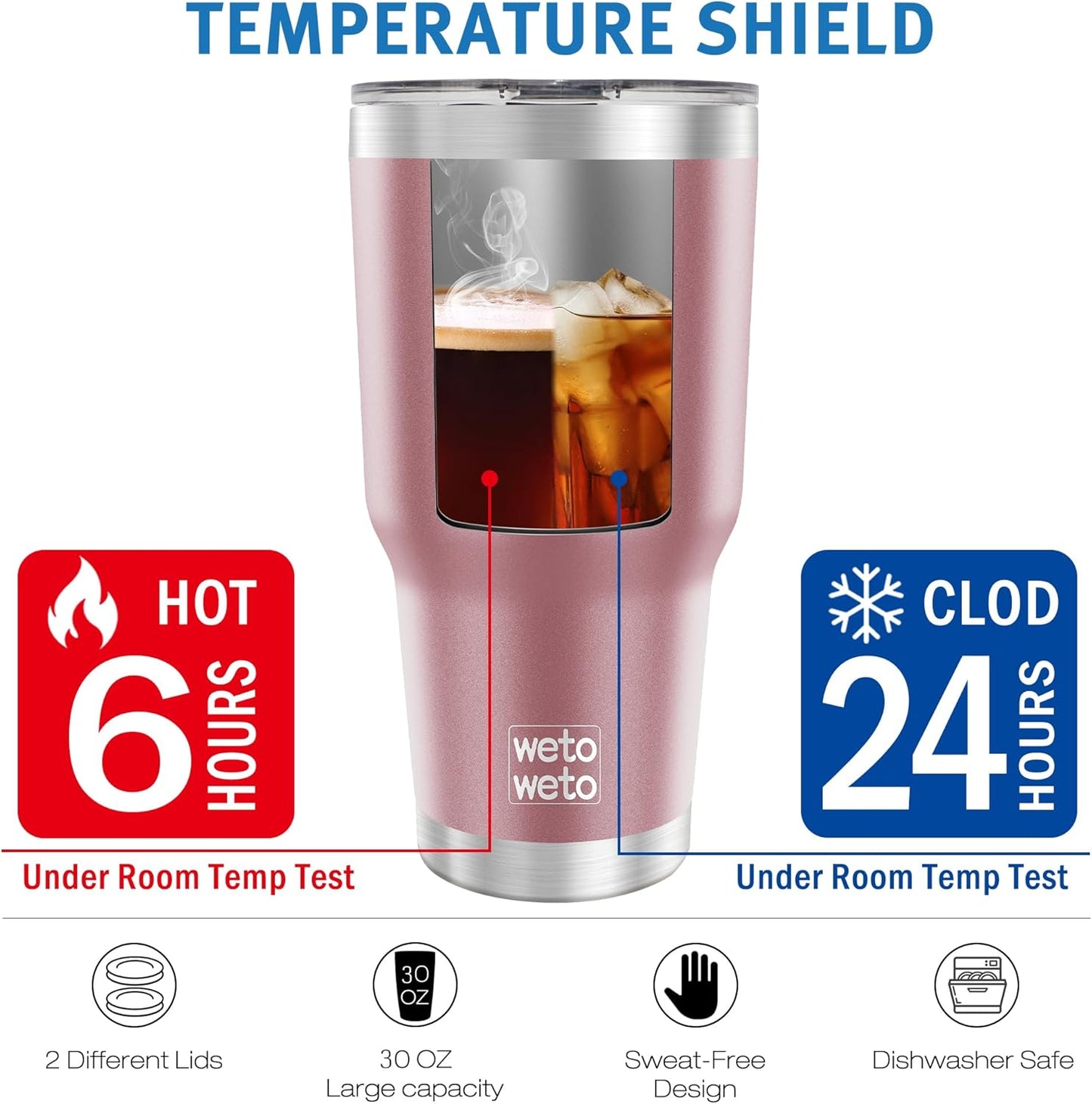WETOWETO 30oz Tumbler, Stainless Steel Vacuum Insulated Water Coffee Tumbler Cup, Double Wall Powder Coated Spill-Proof Travel Mug Thermal Cup for Home Outdoor (Rose Gold, 1 Pack)