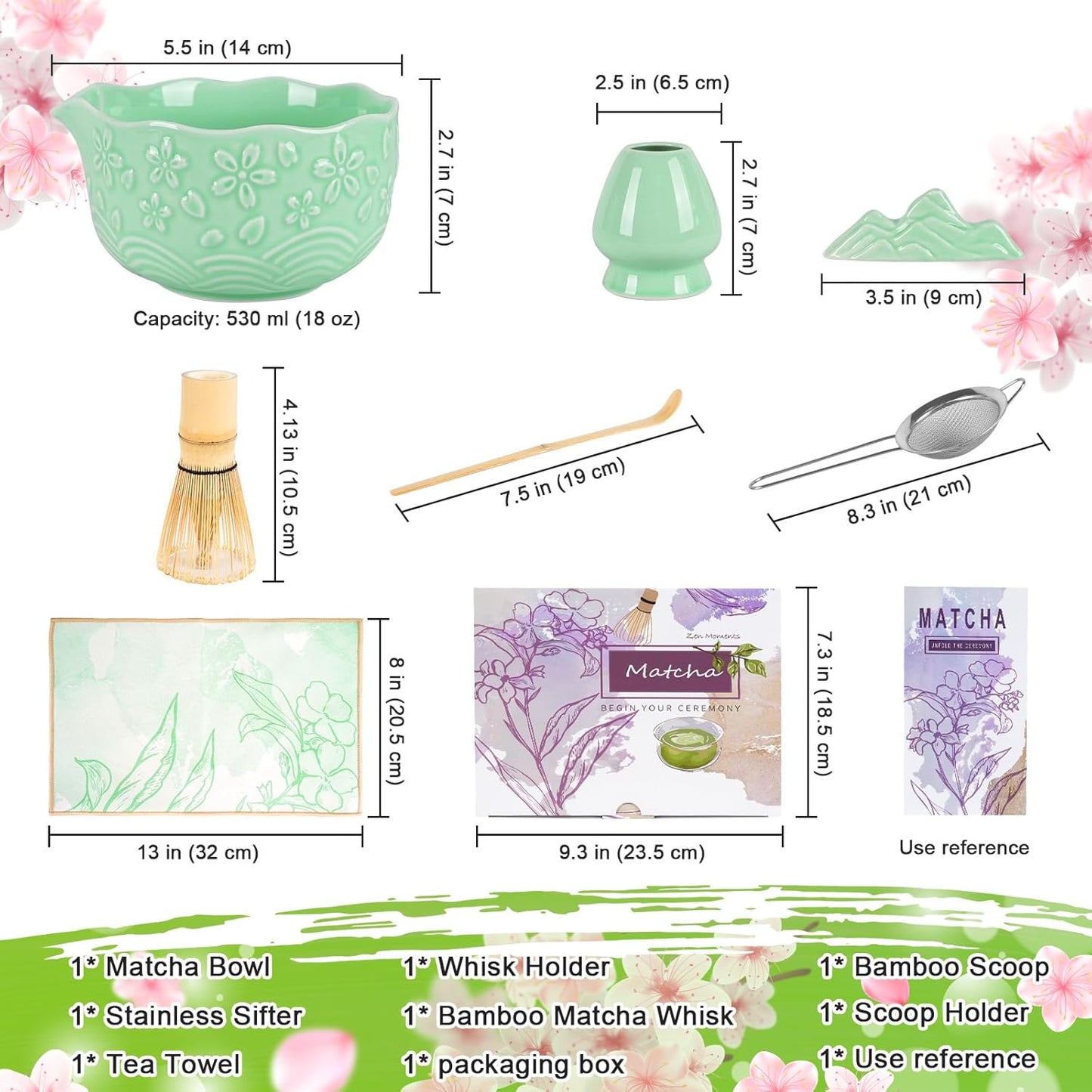 Matcha Whisk Set, Matcha Set 7 Pieces - Ceramic Matcha Bowl with Spout, Bamboo Chasen Whisk & Holder, Scoop, Sifter, Tea Towel - Complete Kit for Matcha Tea Ceremony, Latte, Ideal Gift(Green)