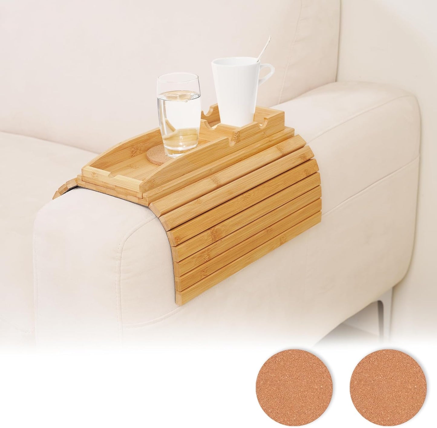 Foldable Couch Cup Holder with 2 Cork Coasters – Detachable Bamboo Sofa Tray, Anti-Slip Sofa Armrest Caddy for Drinks, Snacks, Laptops, & Bathtub – Perfect Home & Gift Accessory
