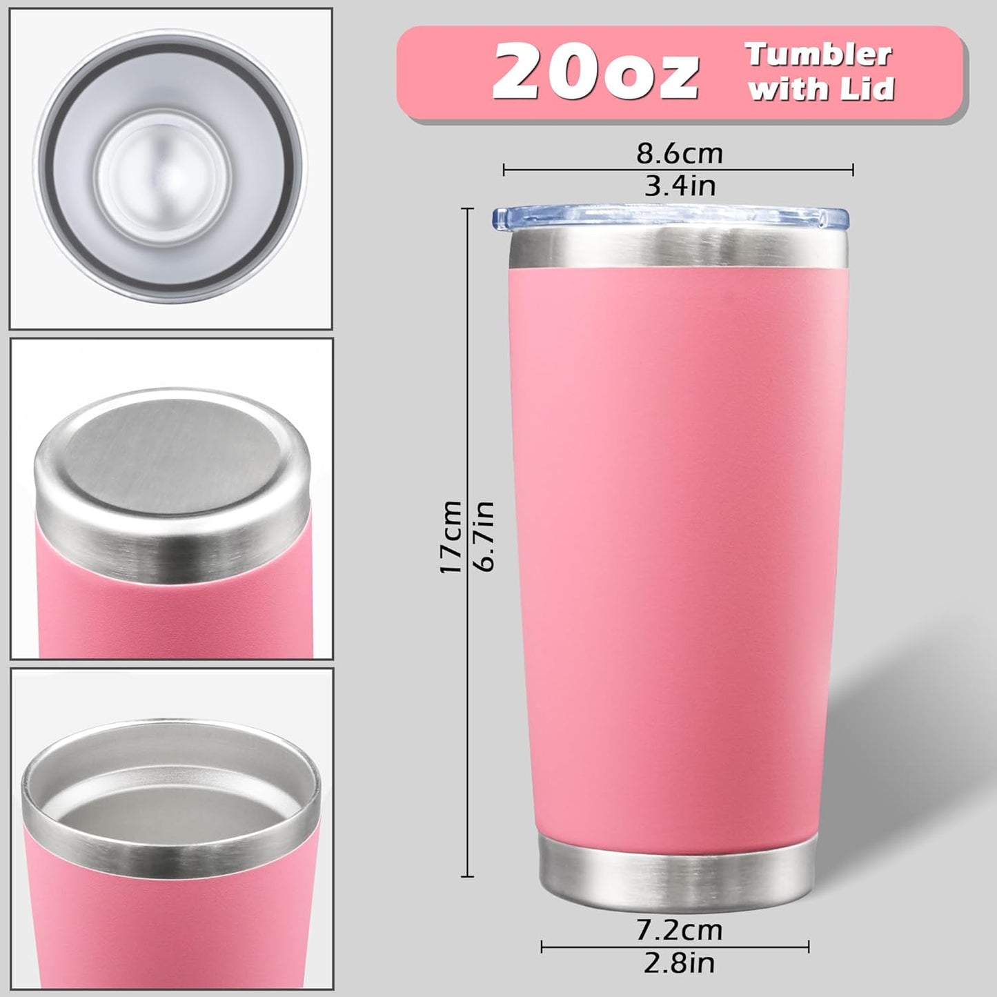 20oz Tumbler Bulk Stainless Steel Tumblers with Lid Vacuum Insulated Double Wall Travel Coffee Mug Powder Coated Tumbler Cup for Hot and Cold Drinks(Pink, 1 pack)