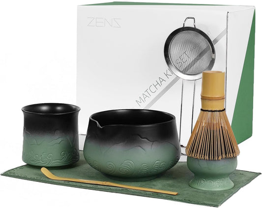 ZENS Matcha Whisk Set, 7pcs Matcha Kit Set with Ceramic Bowl and Matcha Cup, Bamboo Whisk & (Chasen Holder) Sifter, Scoop -Tea Towel, Japanese Chawan for Matcha-Making, Sage Green