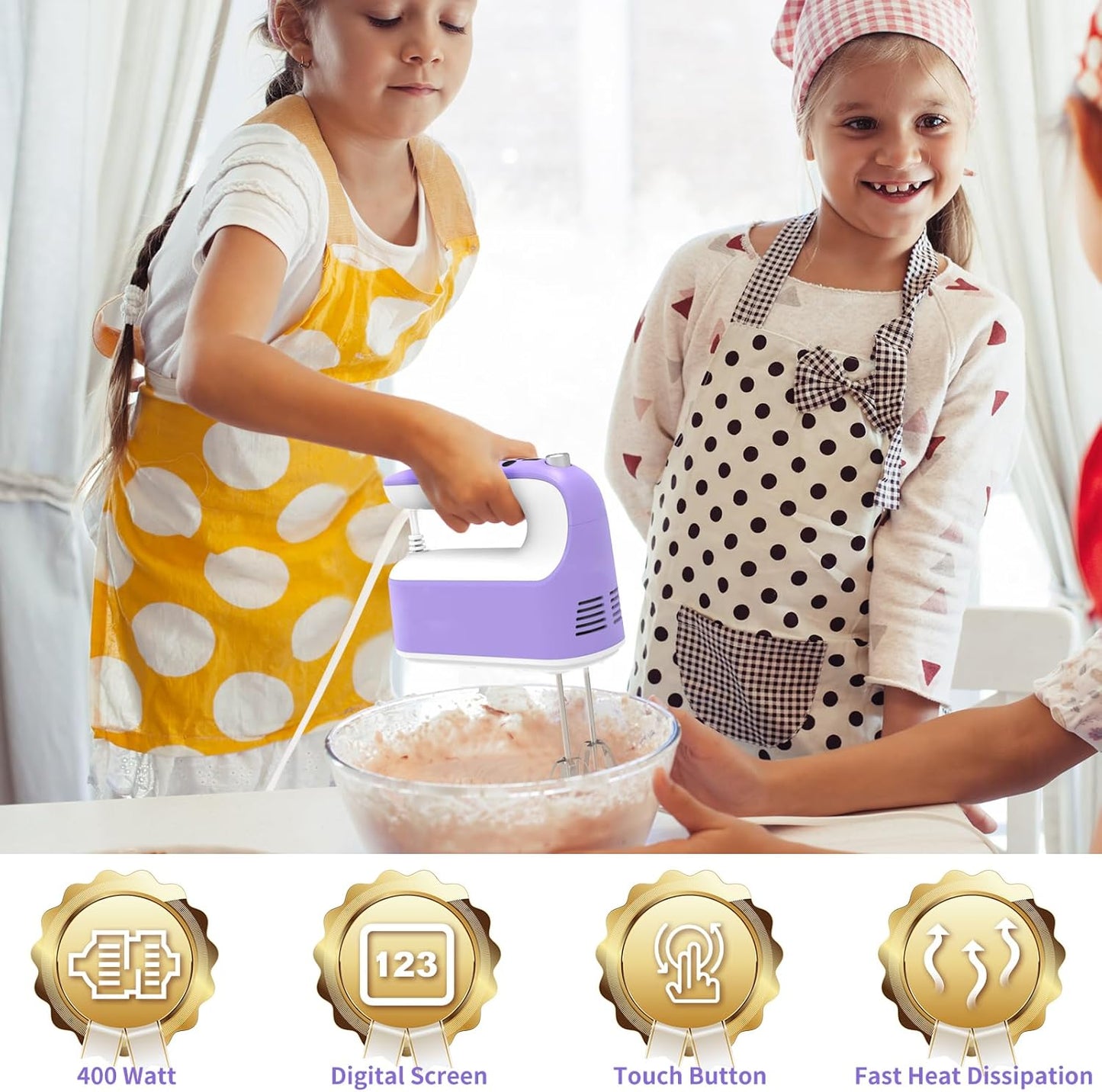 CBQ Hand Mixer Electric, 9 Speed 400W Handheld Mixer with Digital, Touch Button, Turbo, Storage Case, 5x Stainless Steel Accessories, Mixer Electric Handheld for Cake, Cookie, Egg (Lavender Purple)