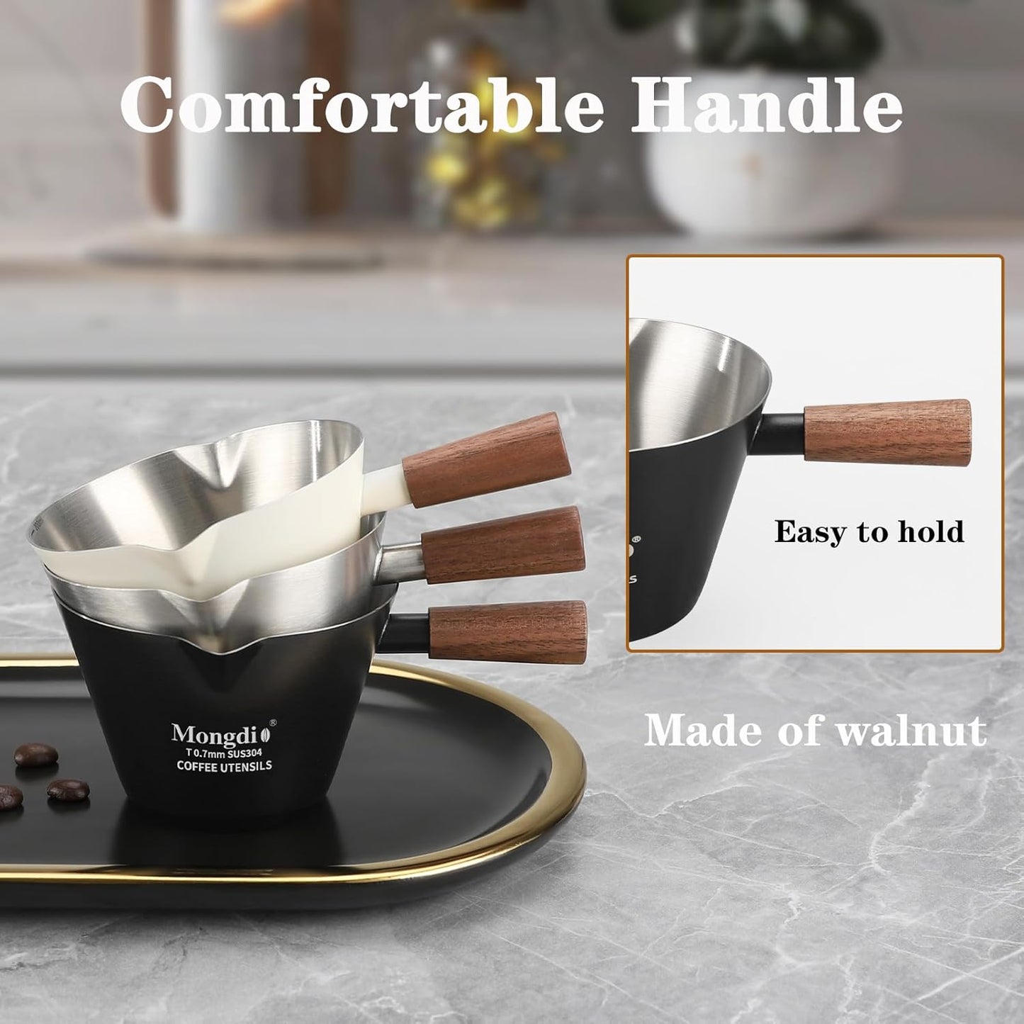 Mongdio 2 Pcs Espresso Measuring Cup, Stainless Steel Espresso Shot Cups with Wooden Handle and Double Spouts, 6.8OZ/200ML, Black