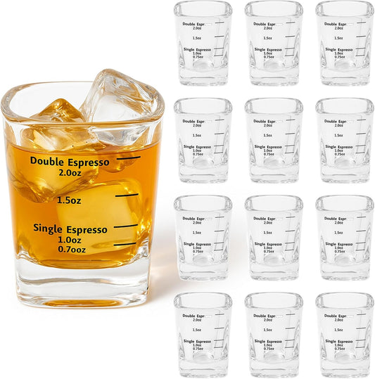 Ruckae 12 Pack 2oz Square Glass Shot Glass Set - Precision Marked for Accurate Alcohol Pouring - Ideal for Whiskey, Vodka,Rum,and Cocktails - Perfect for Bars,Restaurants,and Home Use