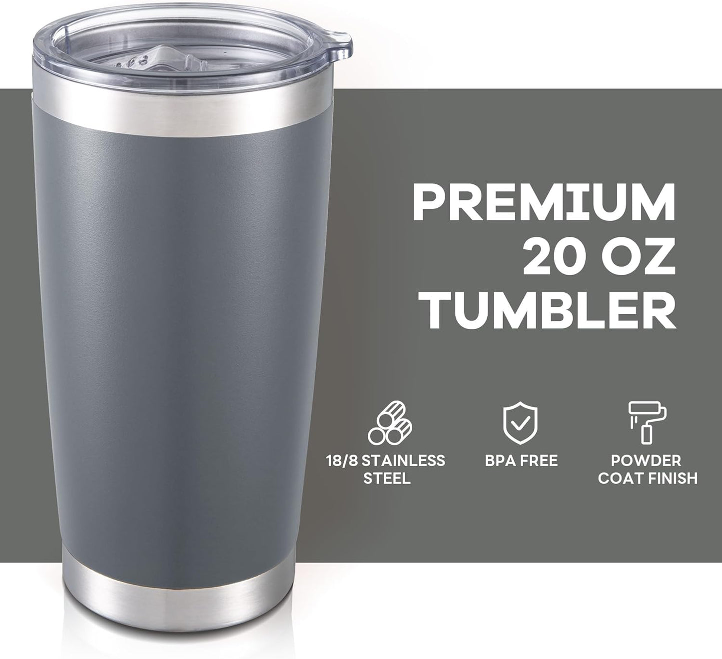 20 oz Tumbler with Lid Stainless Steel Insulated Tumblers Bulk Double Wall Vacuum Cups Powder Coated Travel Mug Keep Drinks Cold and Hot, Grey, 12 Pack